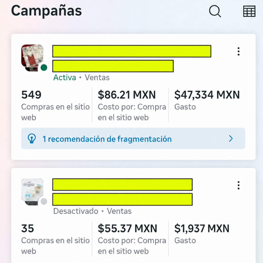 Campañas activas con 549 compras y 47,334 pesos de gasto